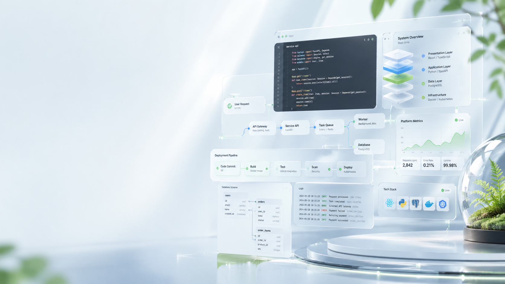 Modern software architecture: API code, deployment pipeline, system metrics